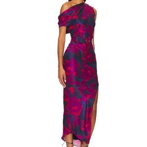 NICHOLAS Calantha Off Shoulder Midi Dress Magenta Blurred Floral Print - Size 0